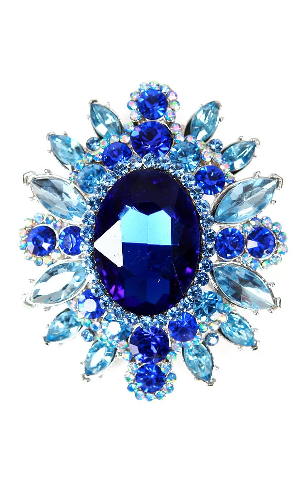 06551 Blue Silver Crystal Pave Chunky Brooch