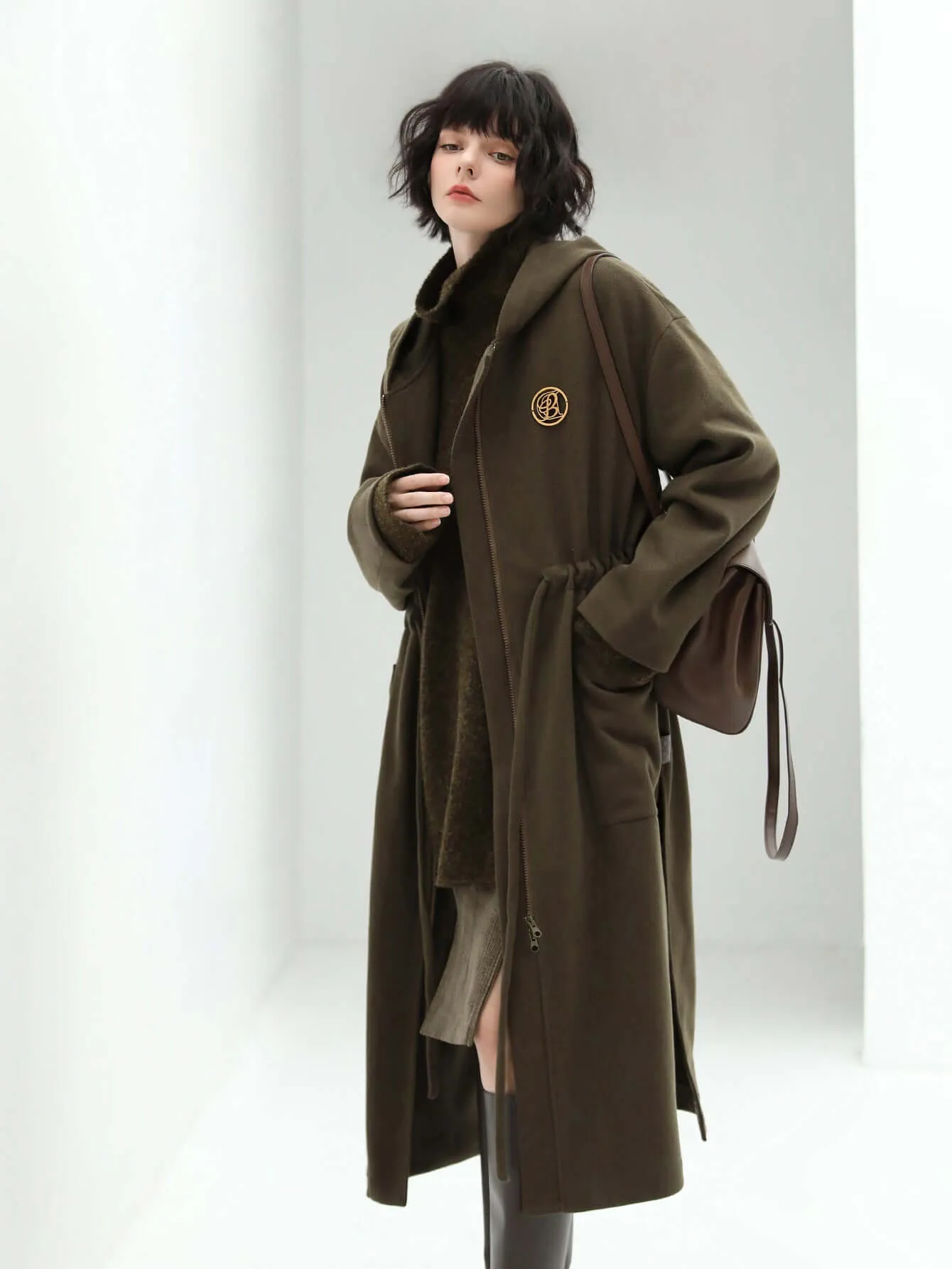 Adjustable Drawstring Brown Hooded Wool Coat Women