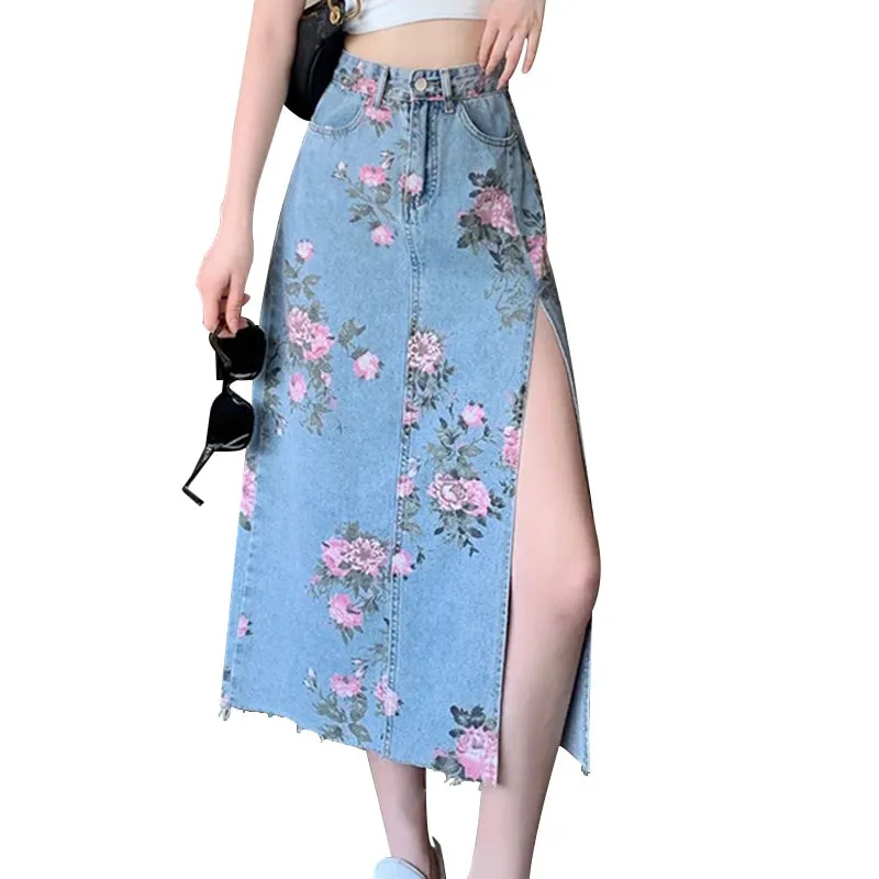 ADVBRIDGE  S-5XL Streetwear Vintage Flowers Print Long Denim Skirts New High Waist Slim Sexy Open Split Straight Jeans Skirt Korean