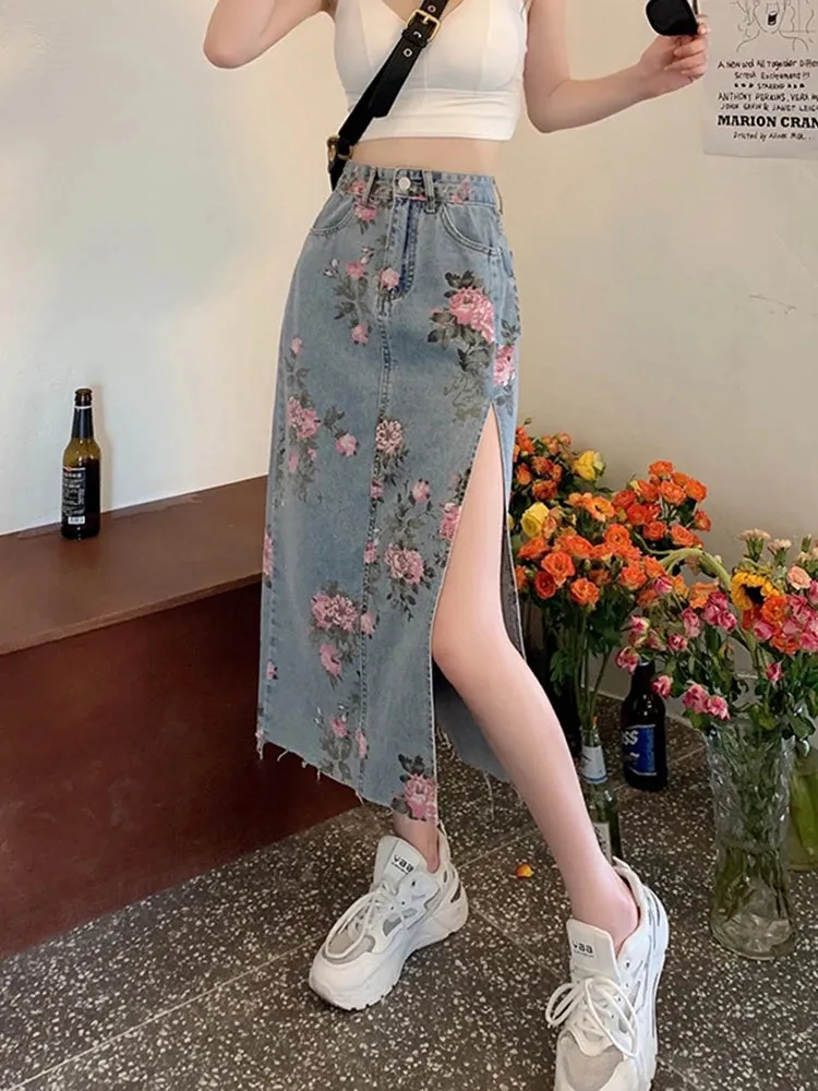 ADVBRIDGE  S-5XL Streetwear Vintage Flowers Print Long Denim Skirts New High Waist Slim Sexy Open Split Straight Jeans Skirt Korean