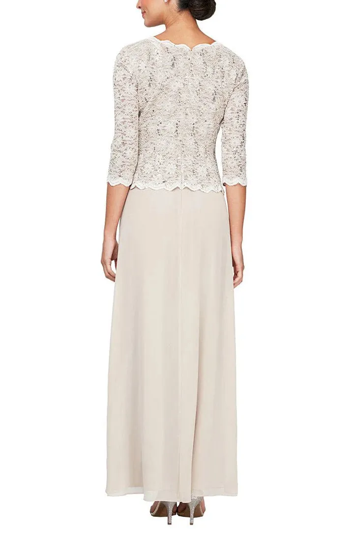 Alex Evenings Scalloped Crew Neck 3/4 Sleeve Sequined Lace Bodice Mock 2 Piece Dress with Chiffon Skirt (Petite)