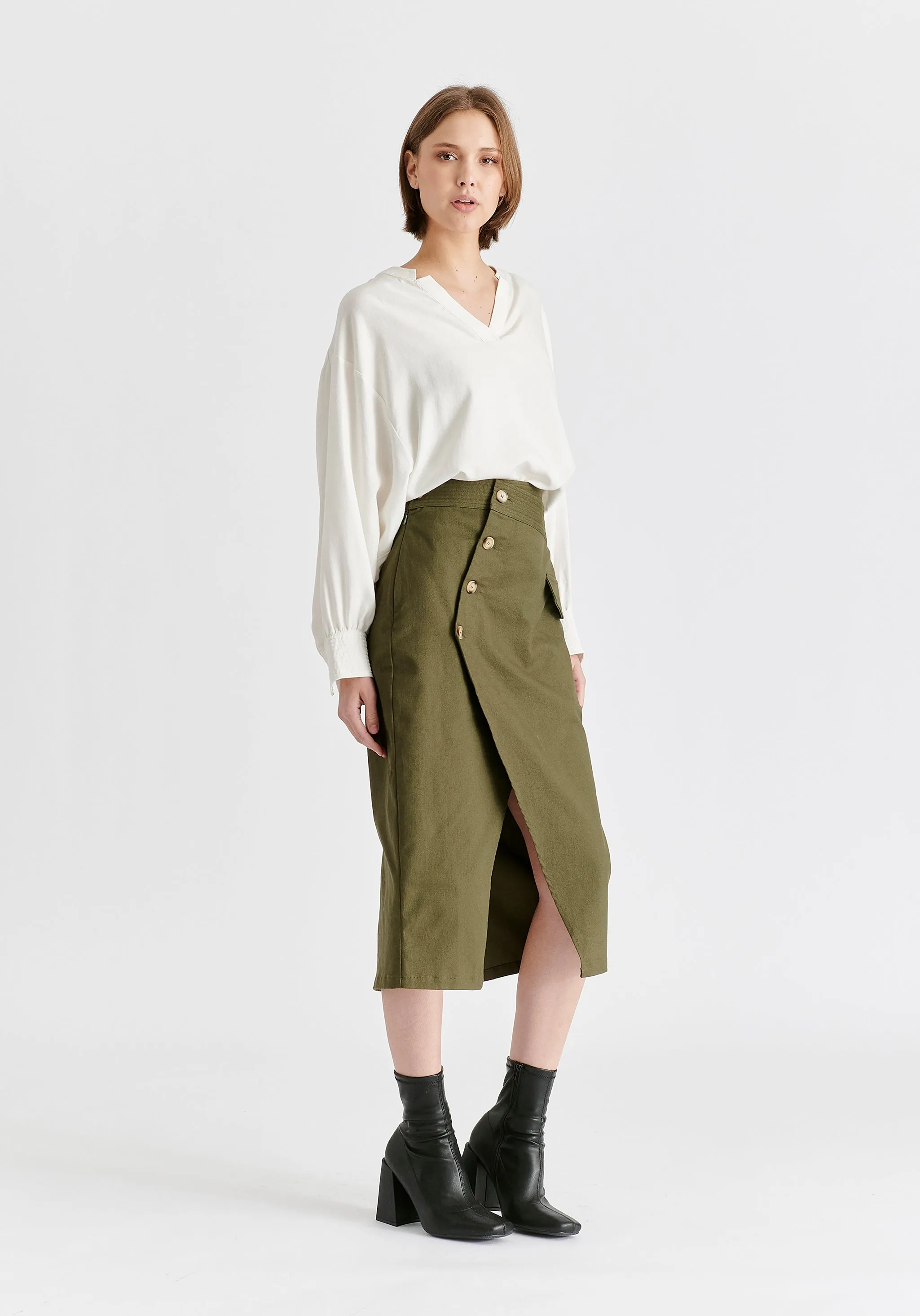 Asymmetric Midi Skirt with Button Details