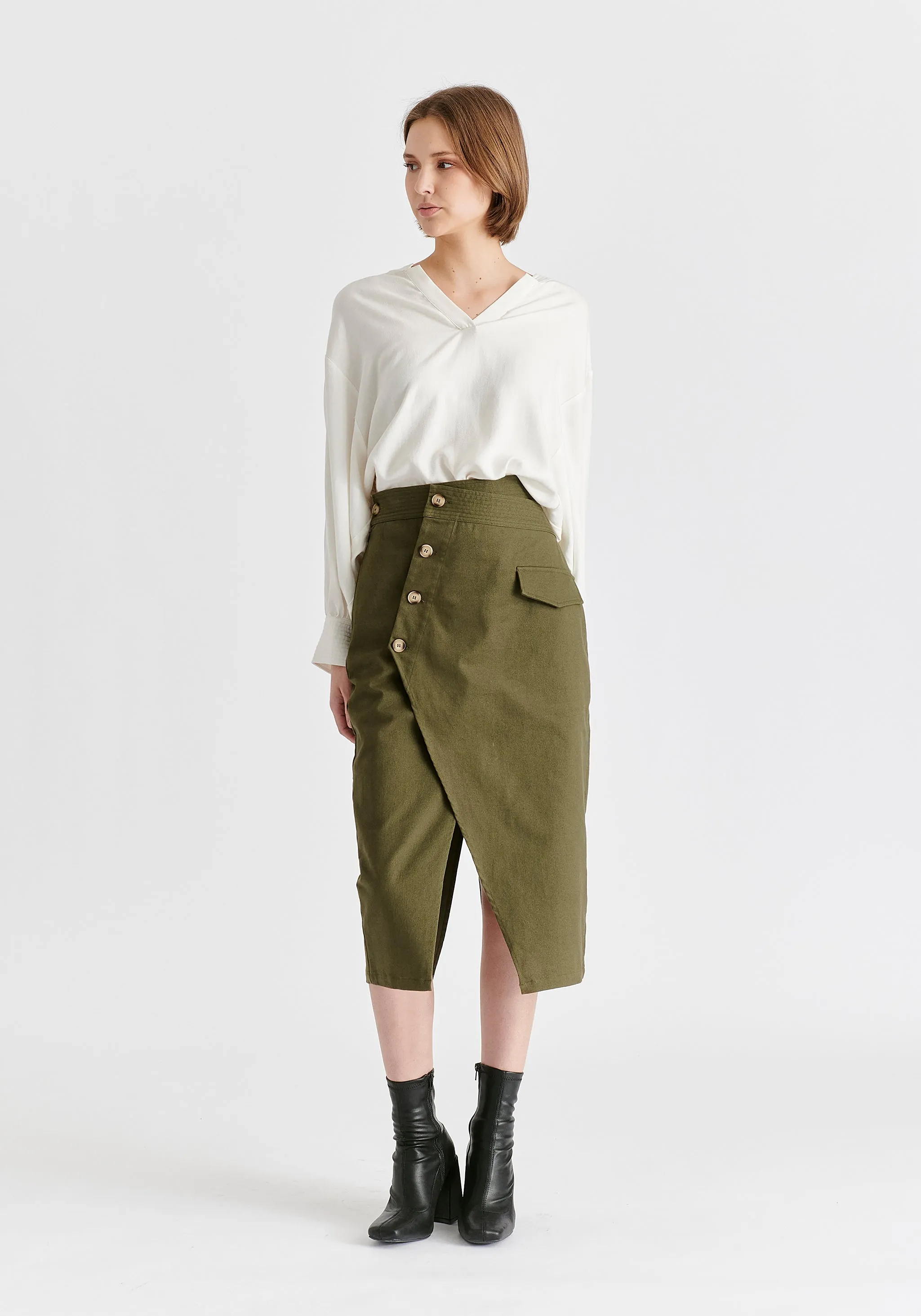 Asymmetric Midi Skirt with Button Details