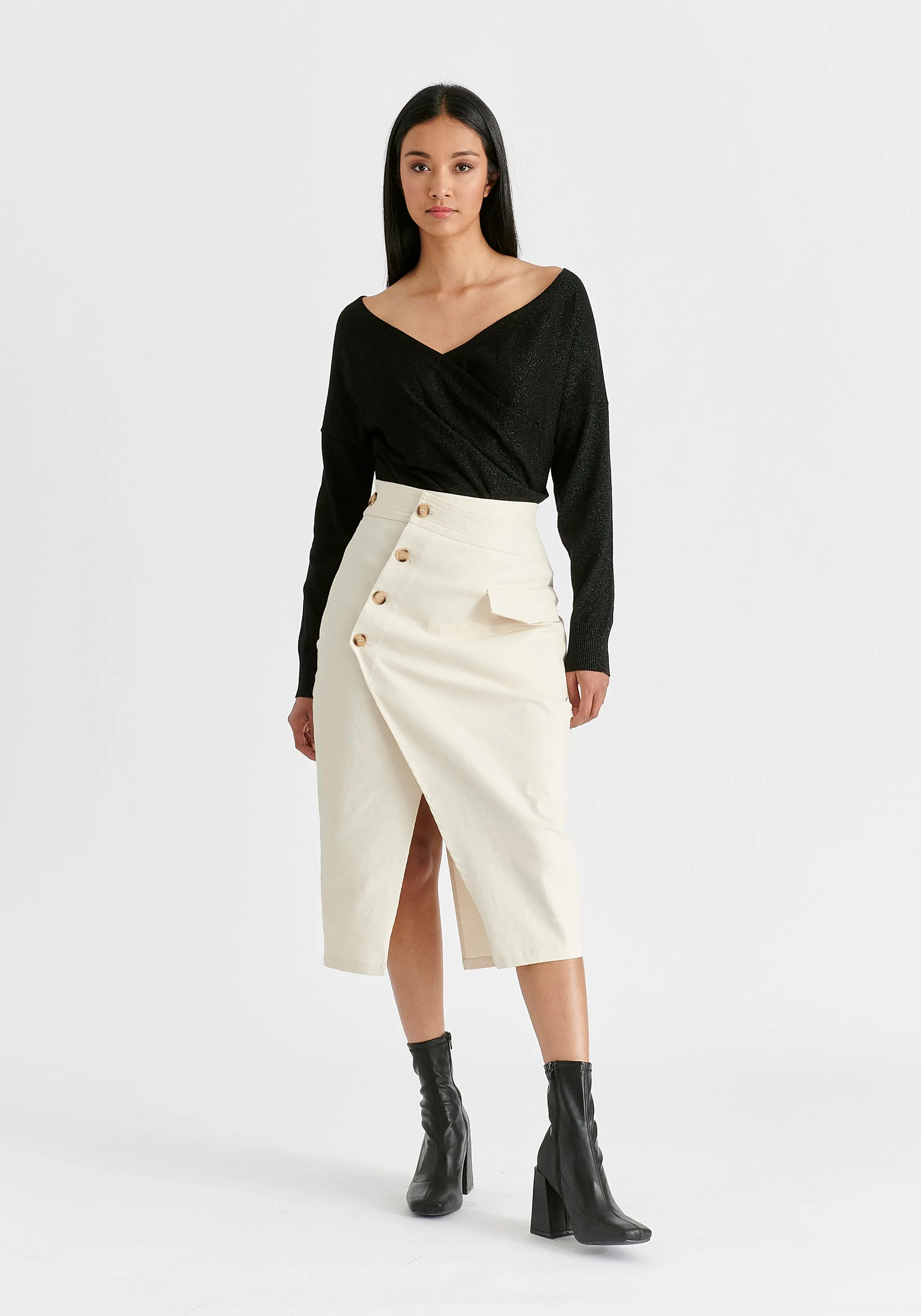 Asymmetric Midi Skirt with Button Details