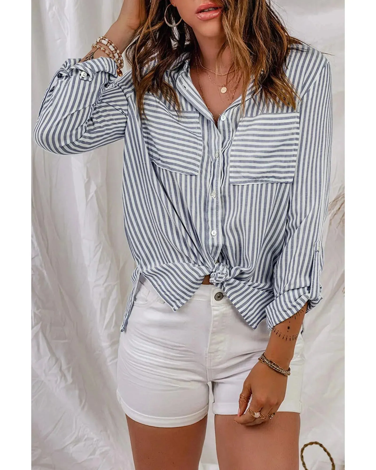 Azura Exchange Striped Long Sleeve Shirt with Pocketed Buttons - L