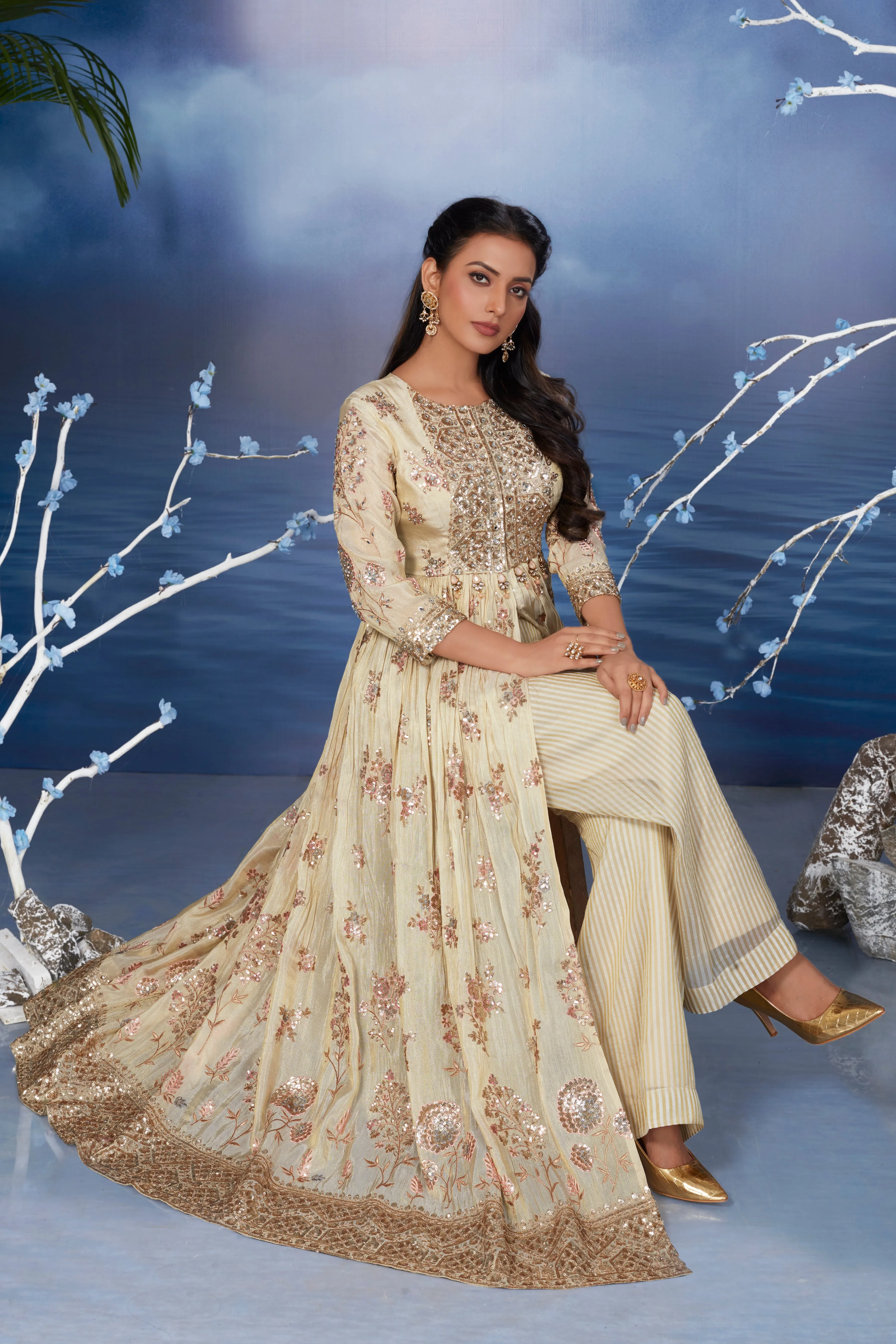 Beige Heavy Embellished Spanish Silk Anarkali Set