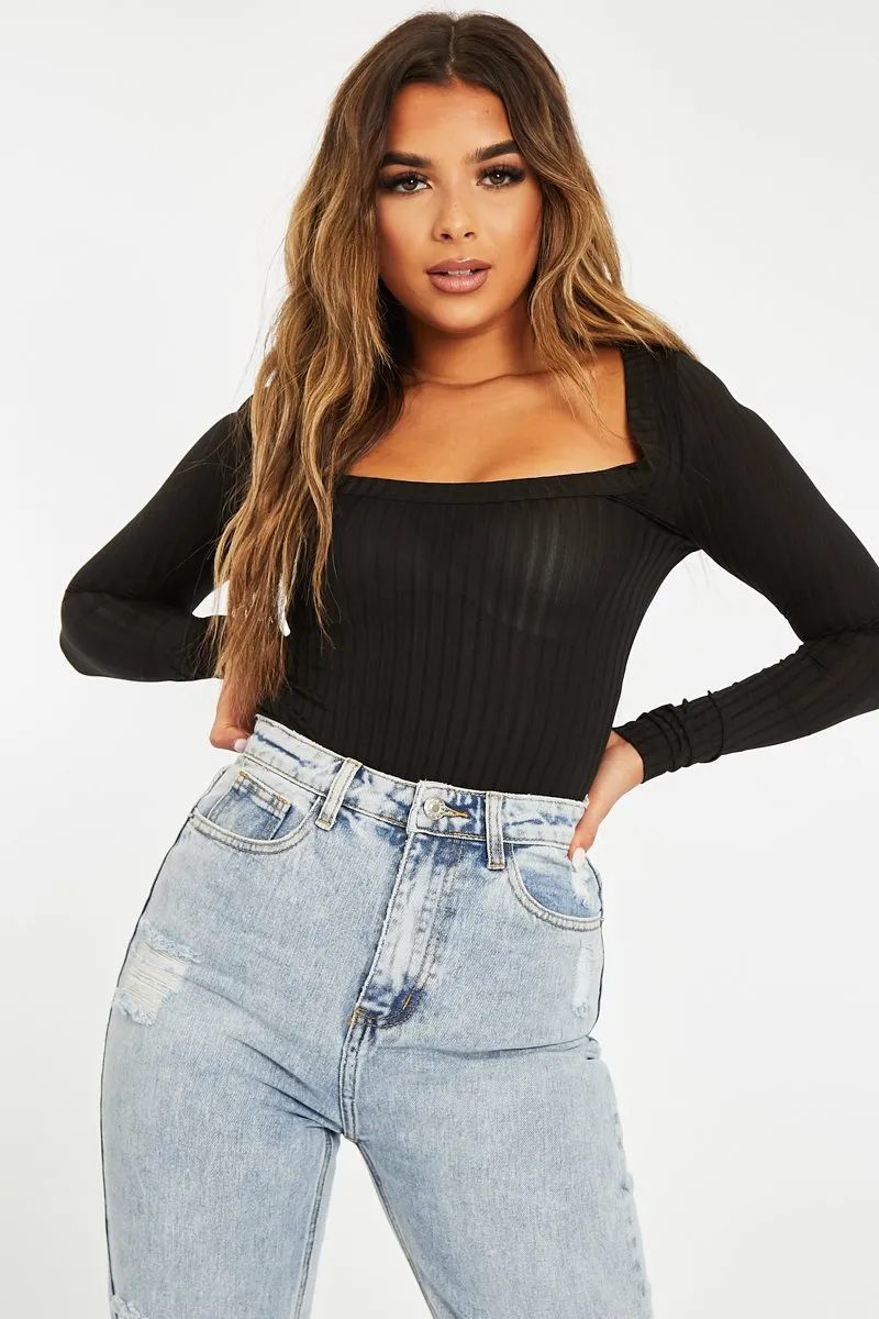 Black Ribbed Scoop Neck Bodysuit - Harlen