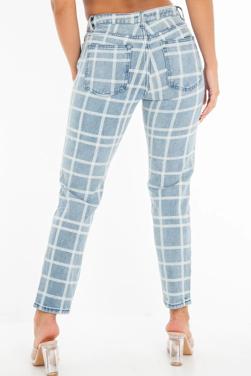 Bleach Wash Denim Check Print Mom Jeans - Jorja