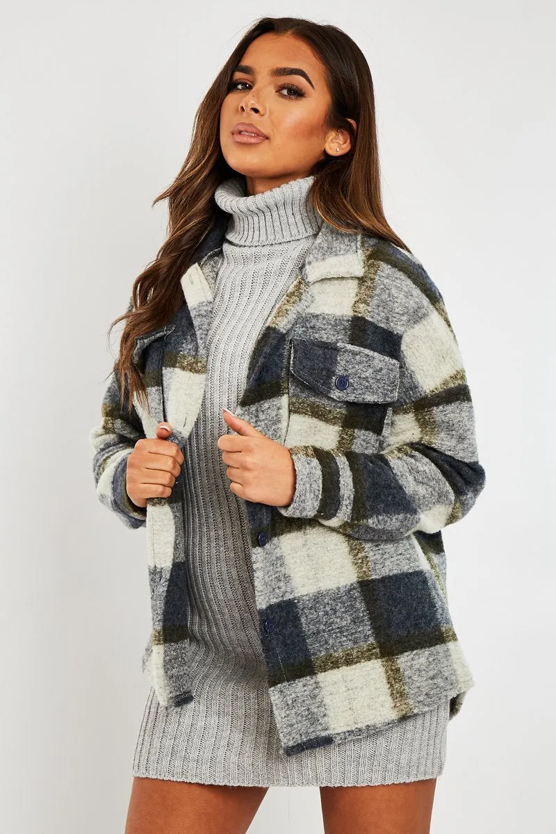 Blue Check Oversized Wool Blend Shacket - Diora