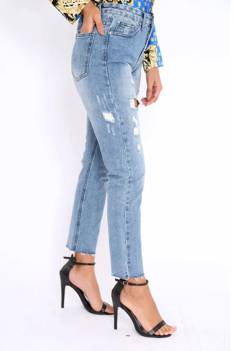 Blue Ripped Mid Wash Mom Jeans - Rabia