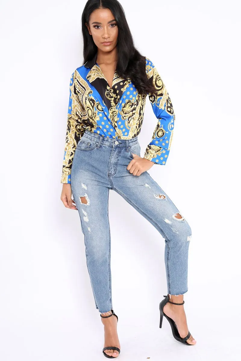 Blue Ripped Mid Wash Mom Jeans - Rabia