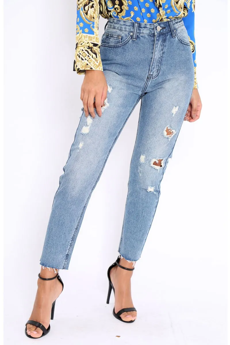 Blue Ripped Mid Wash Mom Jeans - Rabia