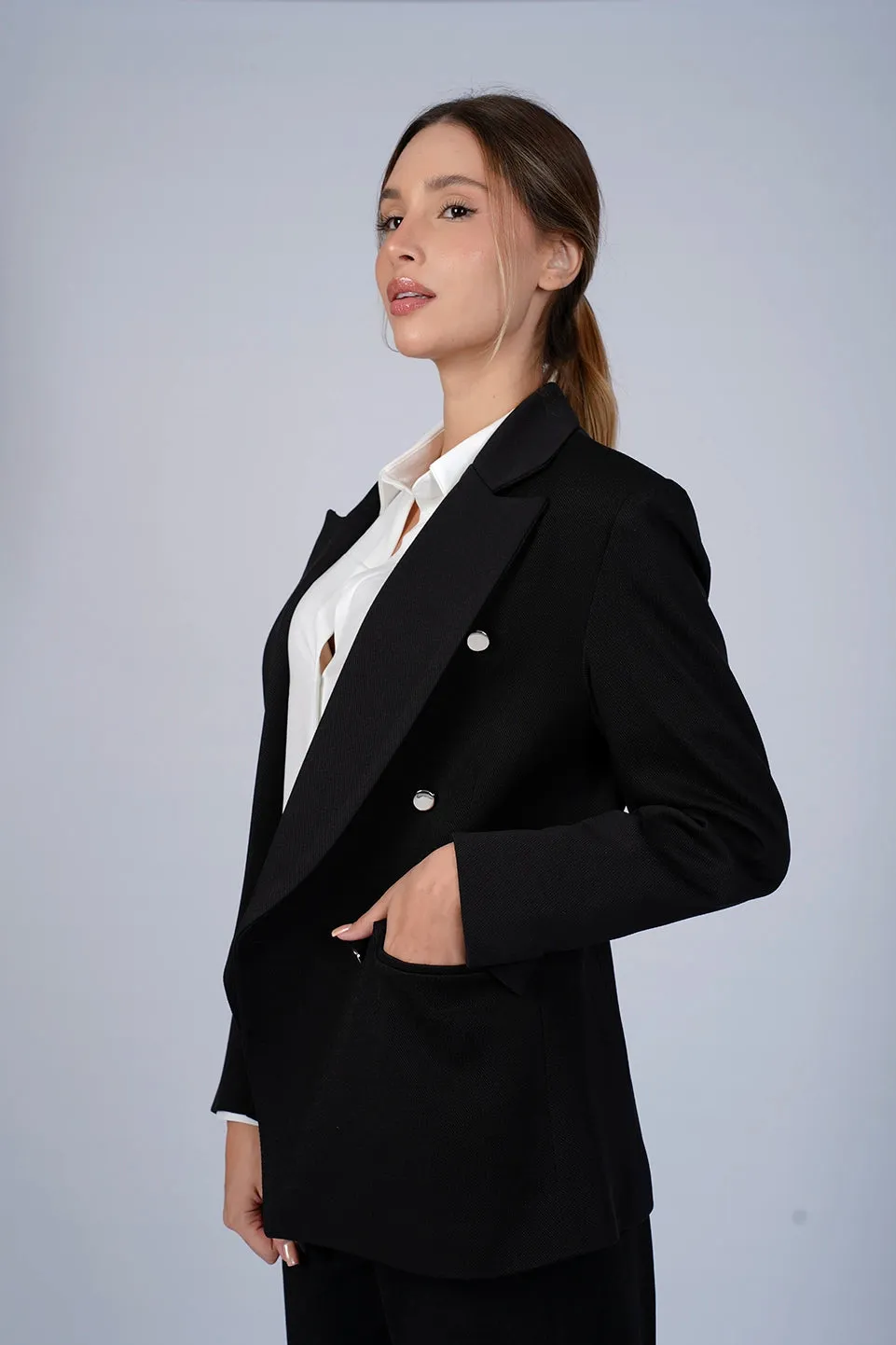 Business Black Blazer With Double Breasted Flap