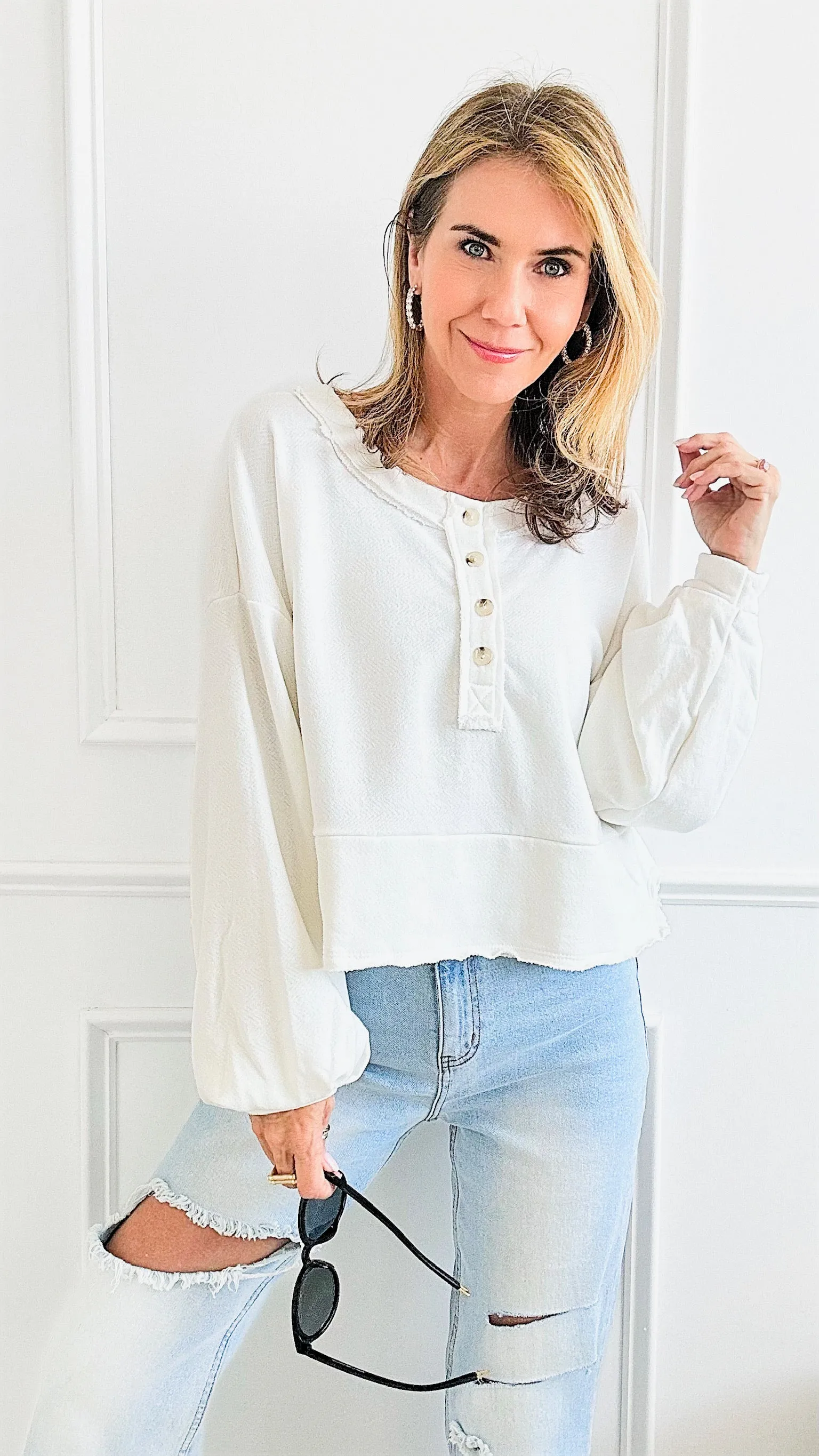 Button-up Crop Long Sleeves Top - Ivory