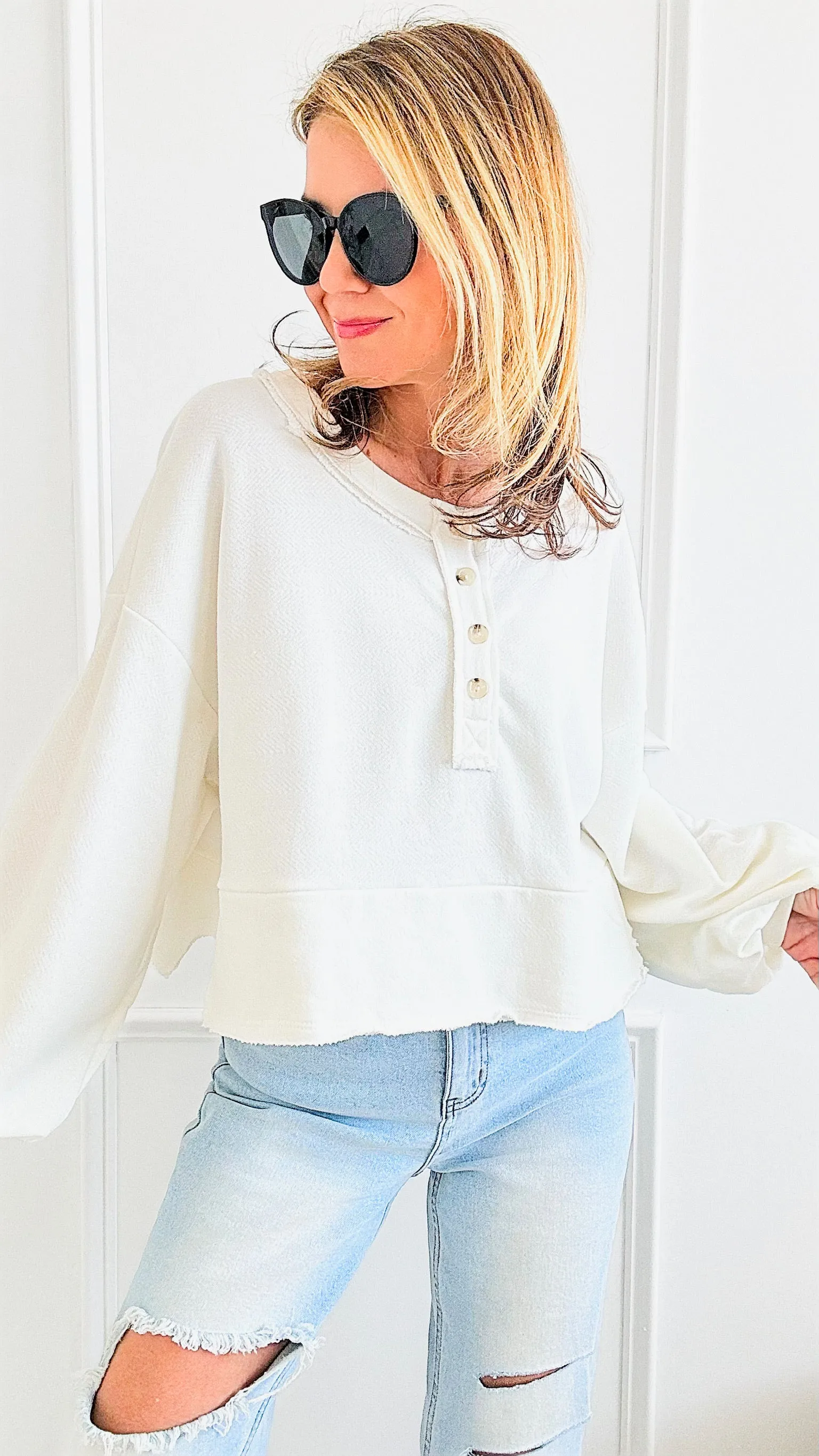 Button-up Crop Long Sleeves Top - Ivory