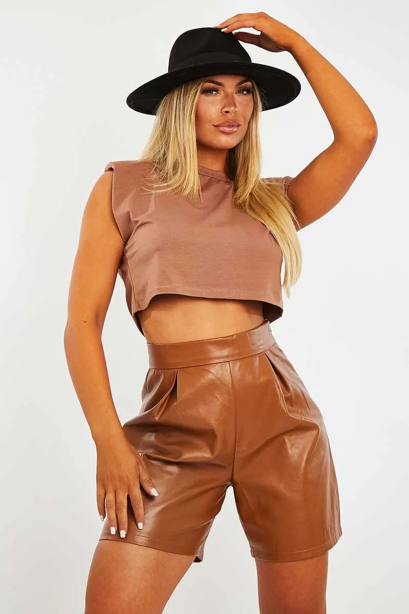 Camel Cropped Shoulder Pad T-shirt - Ivani