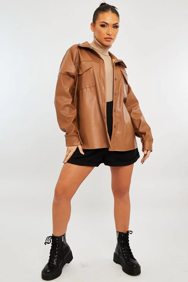 Camel Faux Leather Shacket - Leiyah