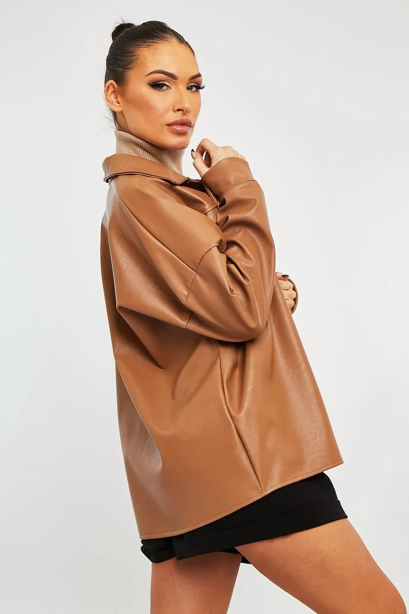 Camel Faux Leather Shacket - Leiyah