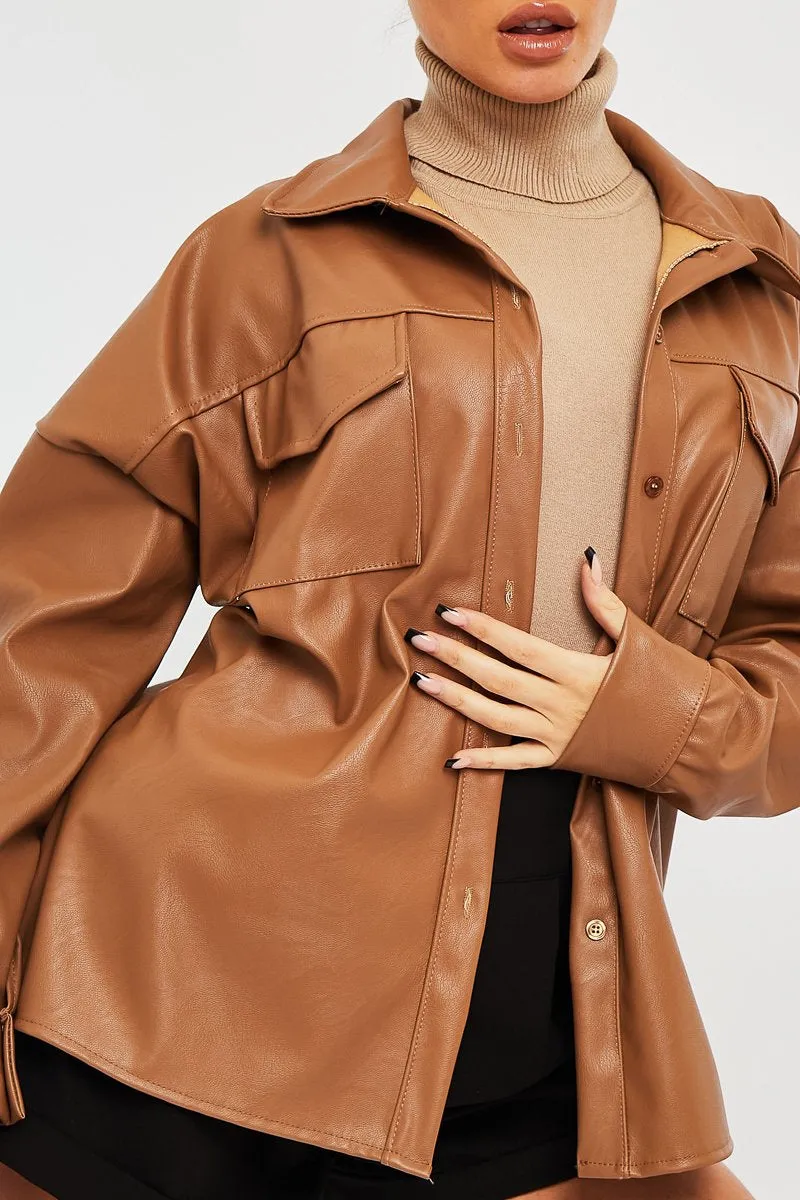 Camel Faux Leather Shacket - Leiyah