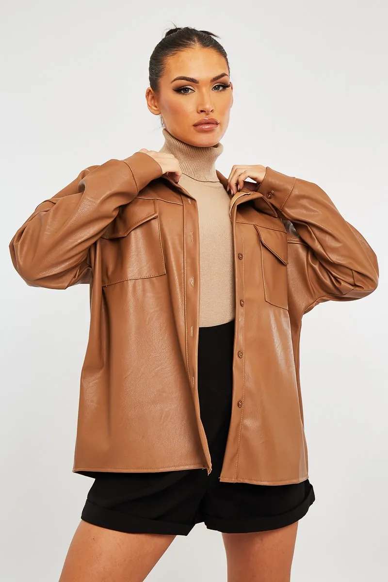 Camel Faux Leather Shacket - Leiyah