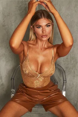 Camel Lace Corset Cup Bodysuit - Layne