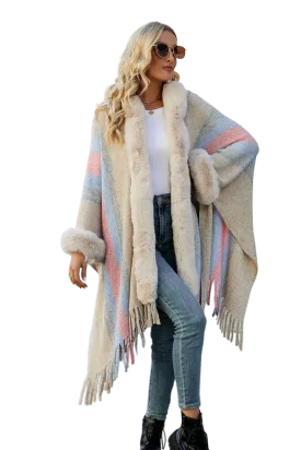 Color Block Fringe Detail Poncho