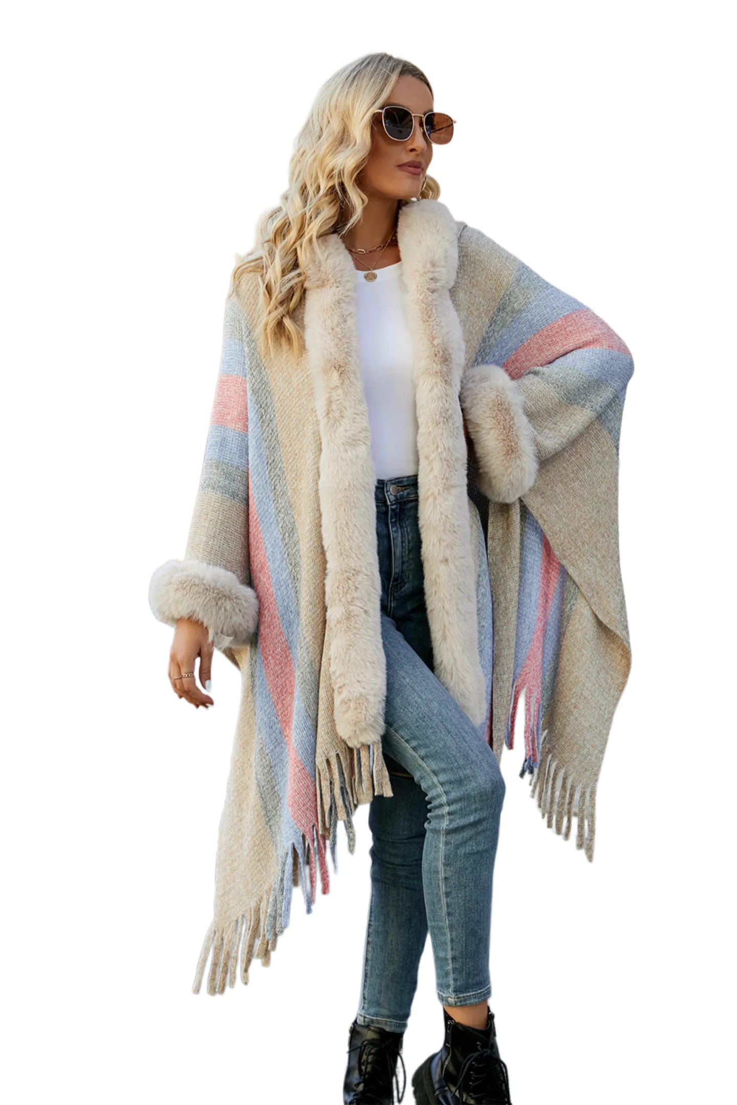 Color Block Fringe Detail Poncho