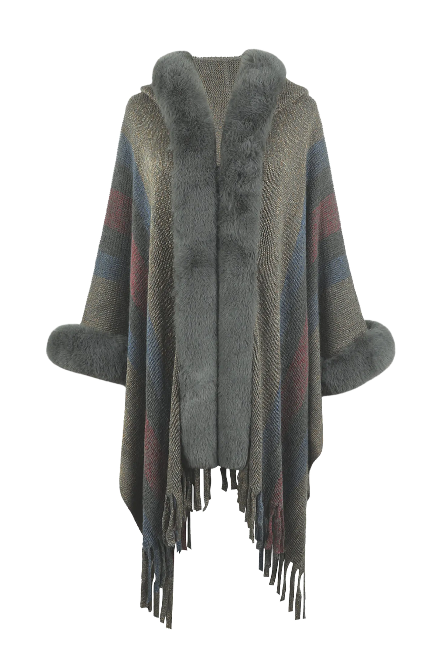 Color Block Fringe Detail Poncho