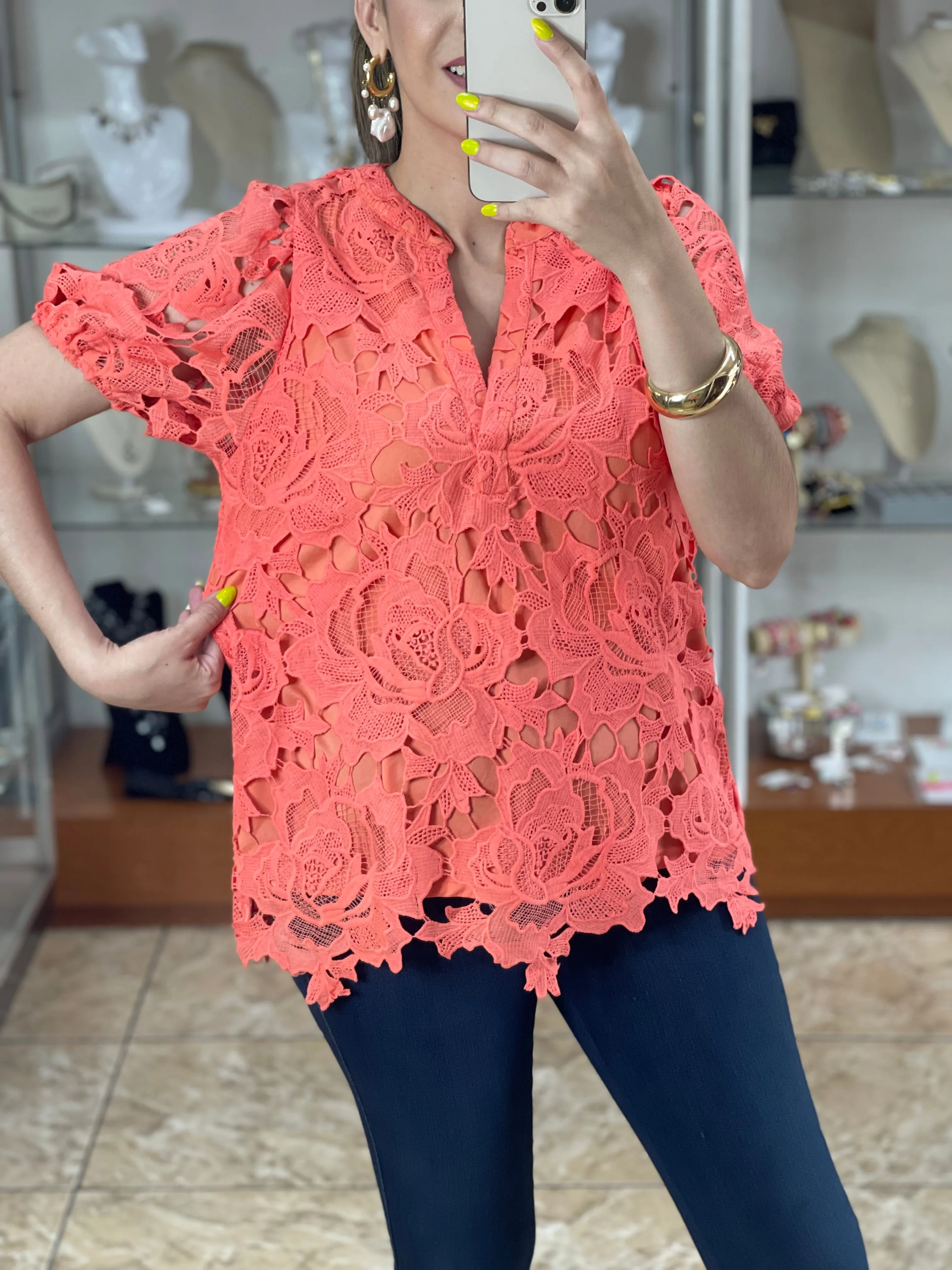 Coral Floral Lace Top