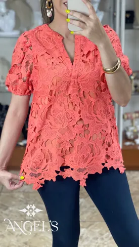 Coral Floral Lace Top