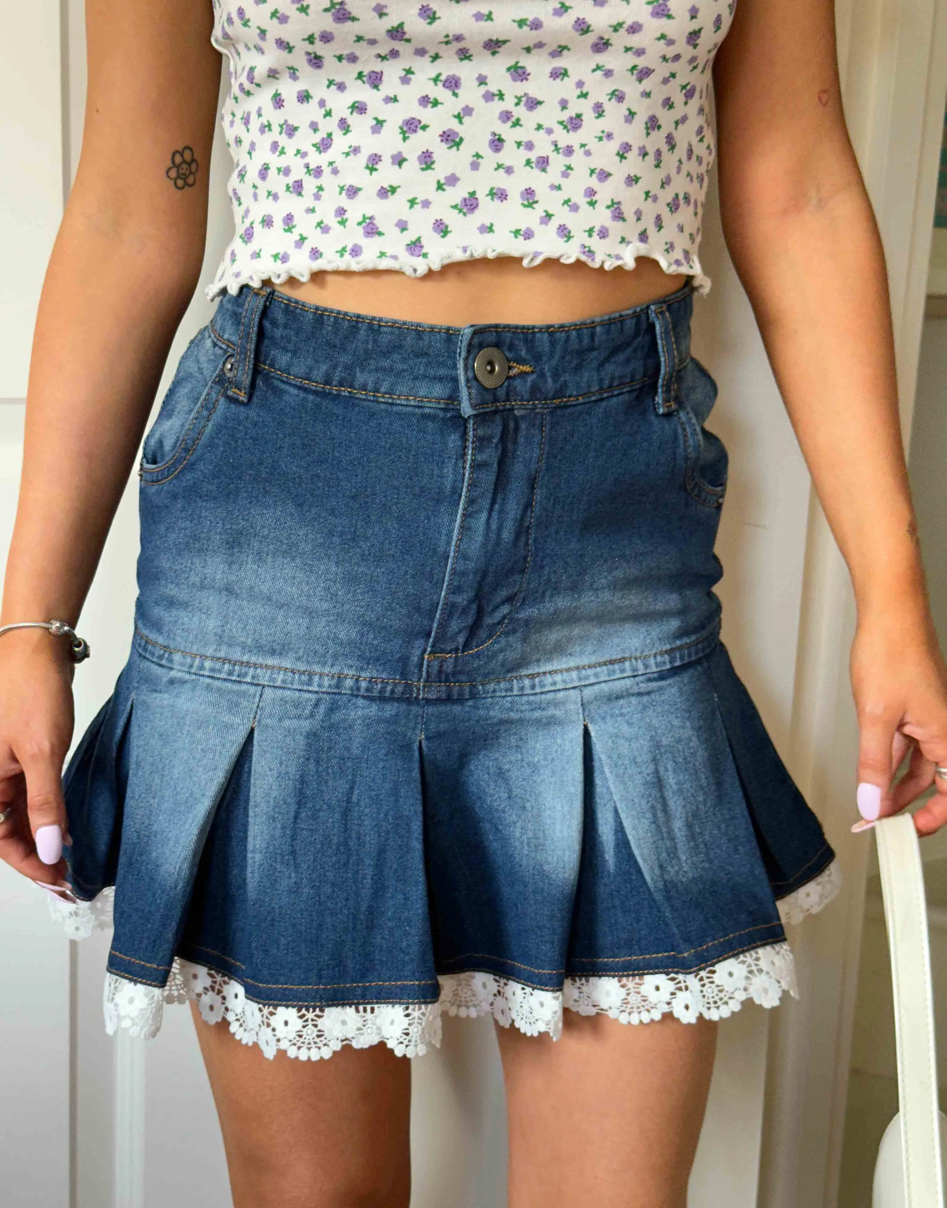 Daisy Street x Chloe Davie Y2K Mini Pleated Denim Skirt with Lace Trim