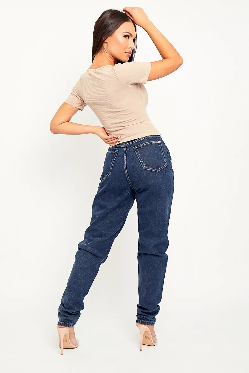 Dark Blue Acid Wash Mom Jeans - Demiya