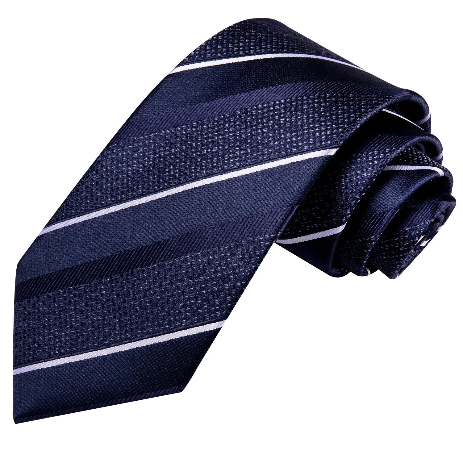 Deep Blue White Striped Tie Pocket Square Cufflinks Set with Wedding Brooch