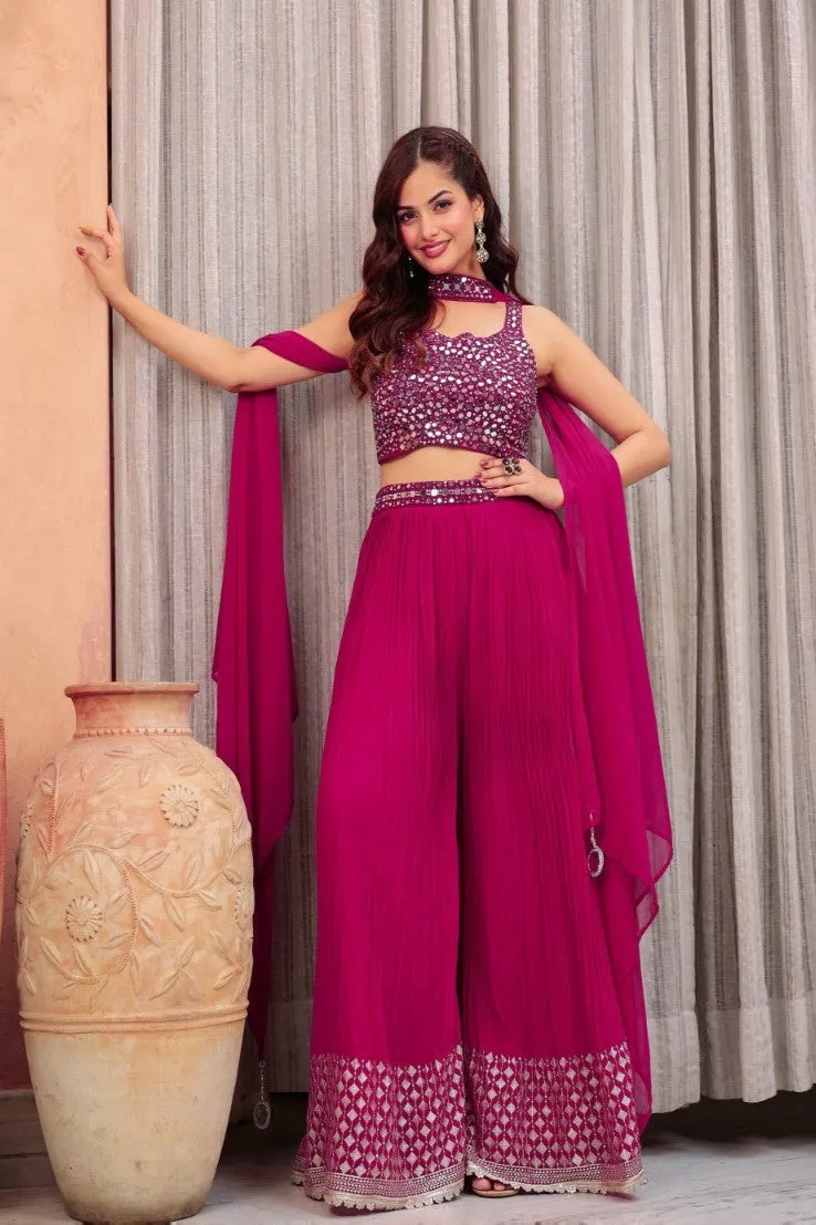 Deep Pink Embellished Georgette Silk Crop Top & Palazzo Set