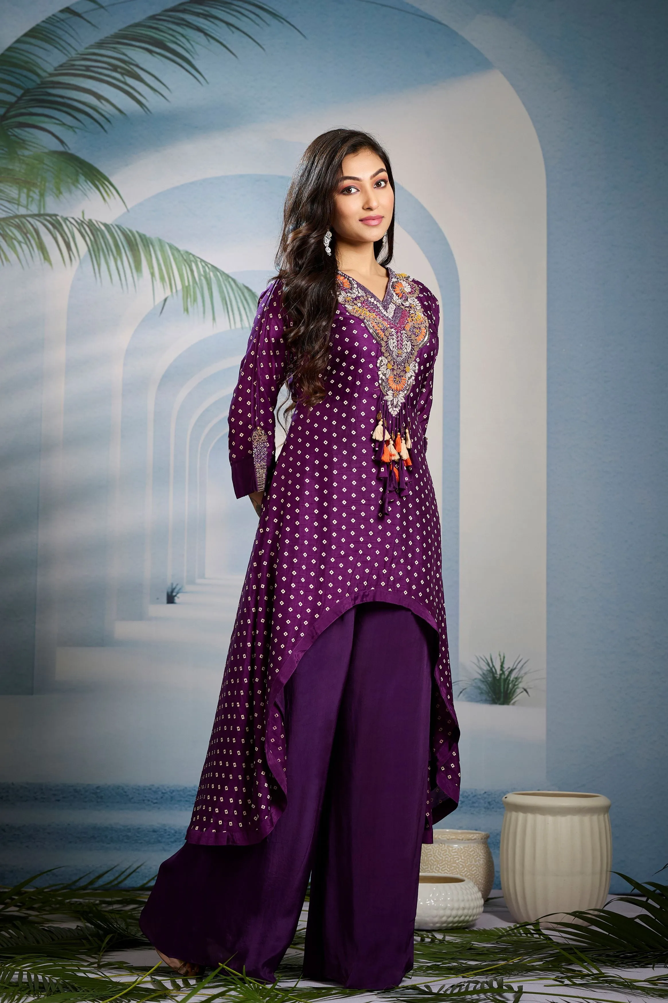 Deep Purple Bandhani Printed Kurta Set