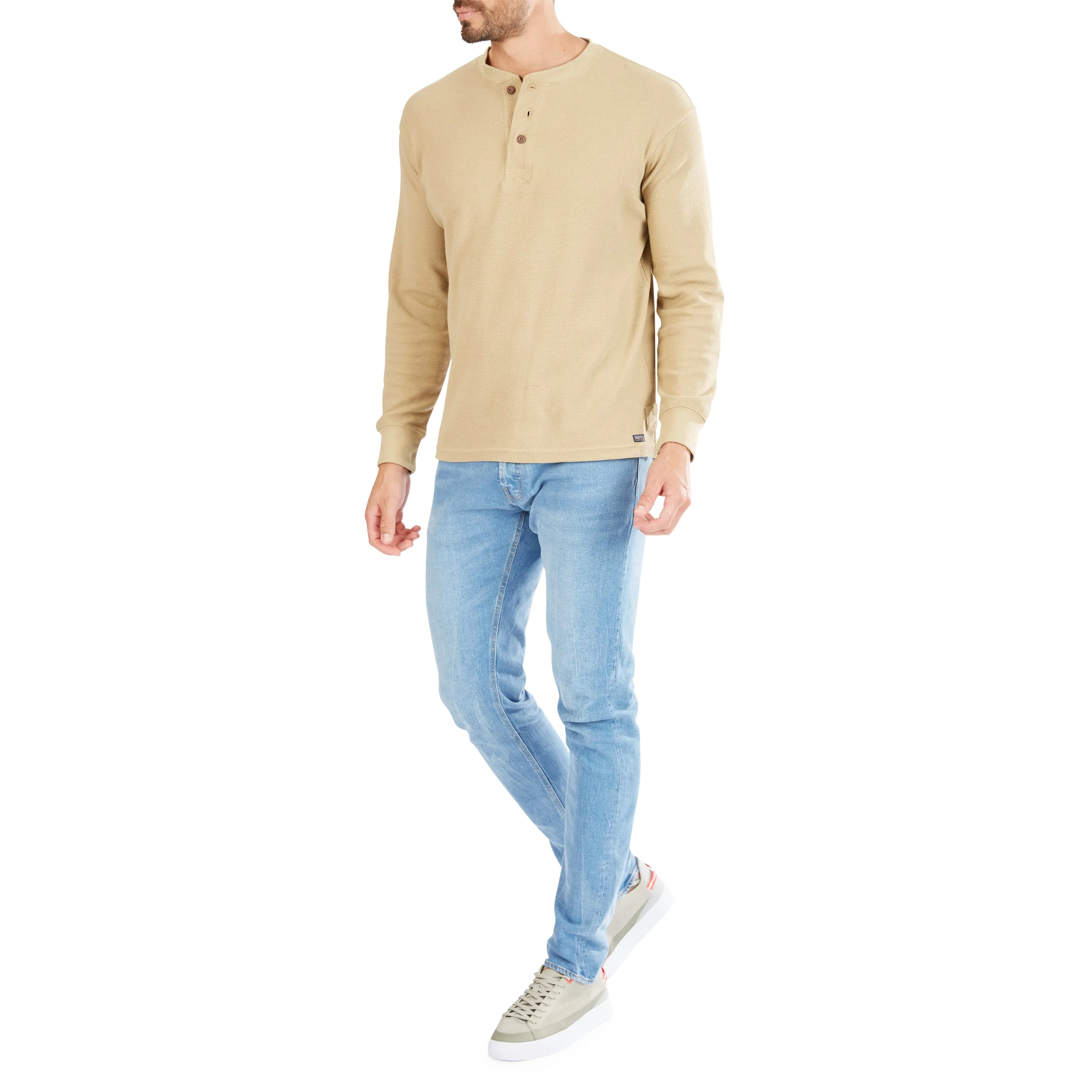 EXTENDED TAIL MINI-THERMAL KNIT HENLEY PULLOVER WITH GUSSET