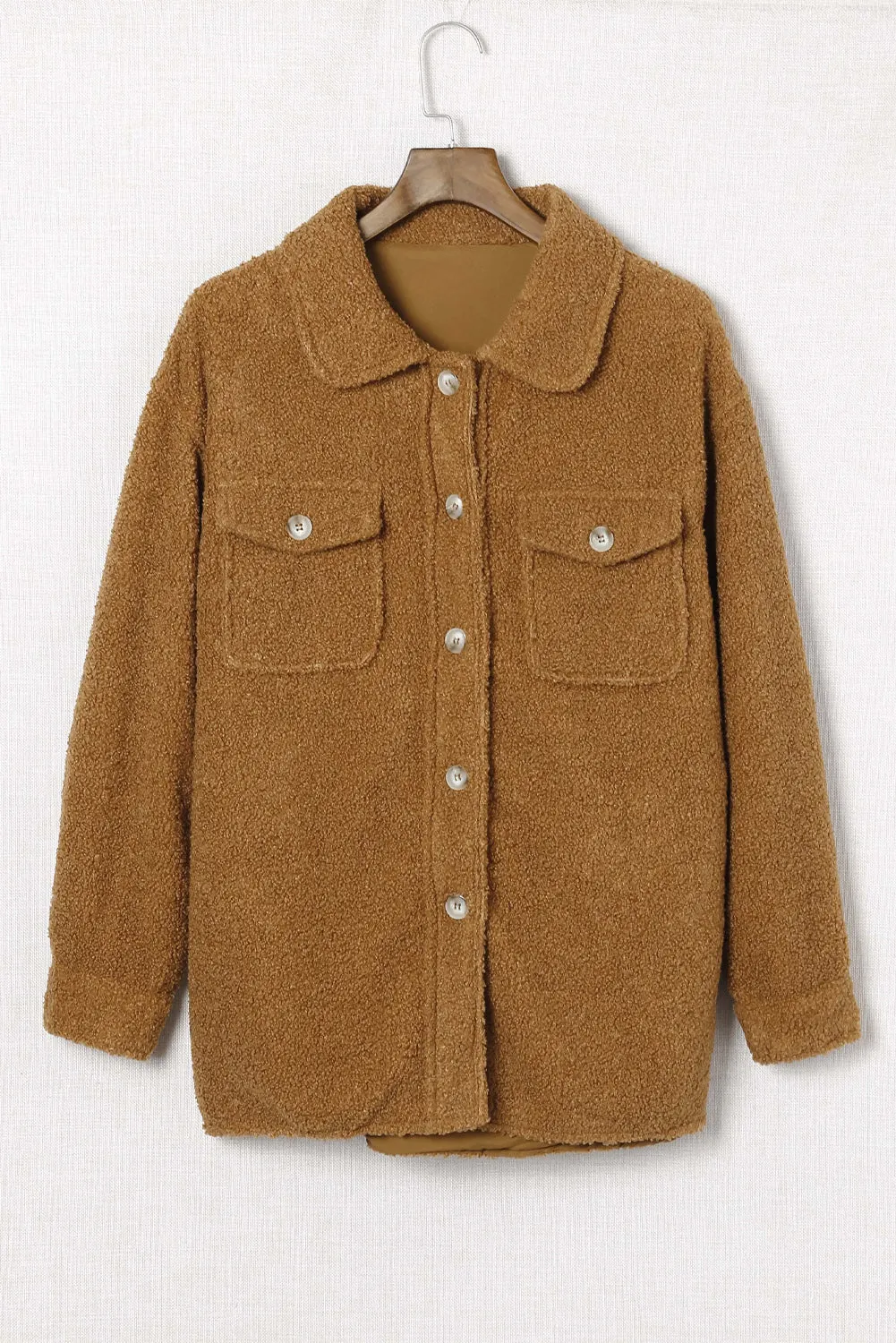 Flap Pockets Button Front Teddy Coat