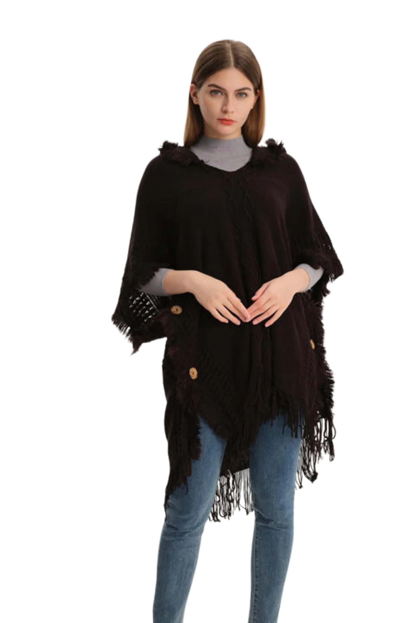 Fringe Hem Hooded Poncho