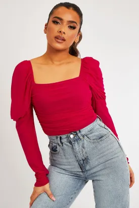 Fuchsia Ruched Body Mesh Sleeve Bodysuit - Raeya