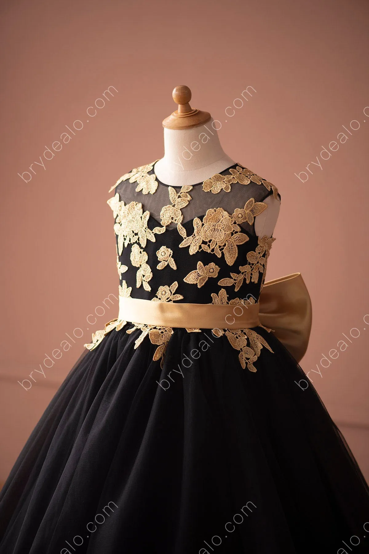 Gold Lace Pretty Bowknot Black Flower Girl Dress Online