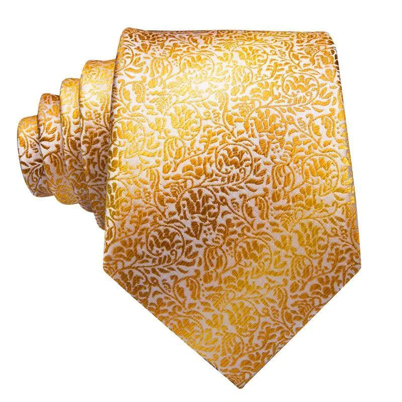 Gold Leaves Tie Handkerchief Cufflinks Set with Wedding Brooch