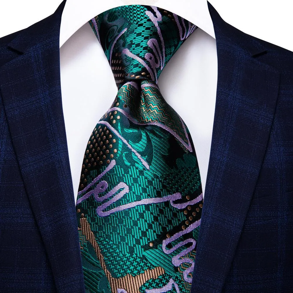 Hi-Tie Black Green Graffiti Necktie Brooch Handkerchief Cufflinks Set