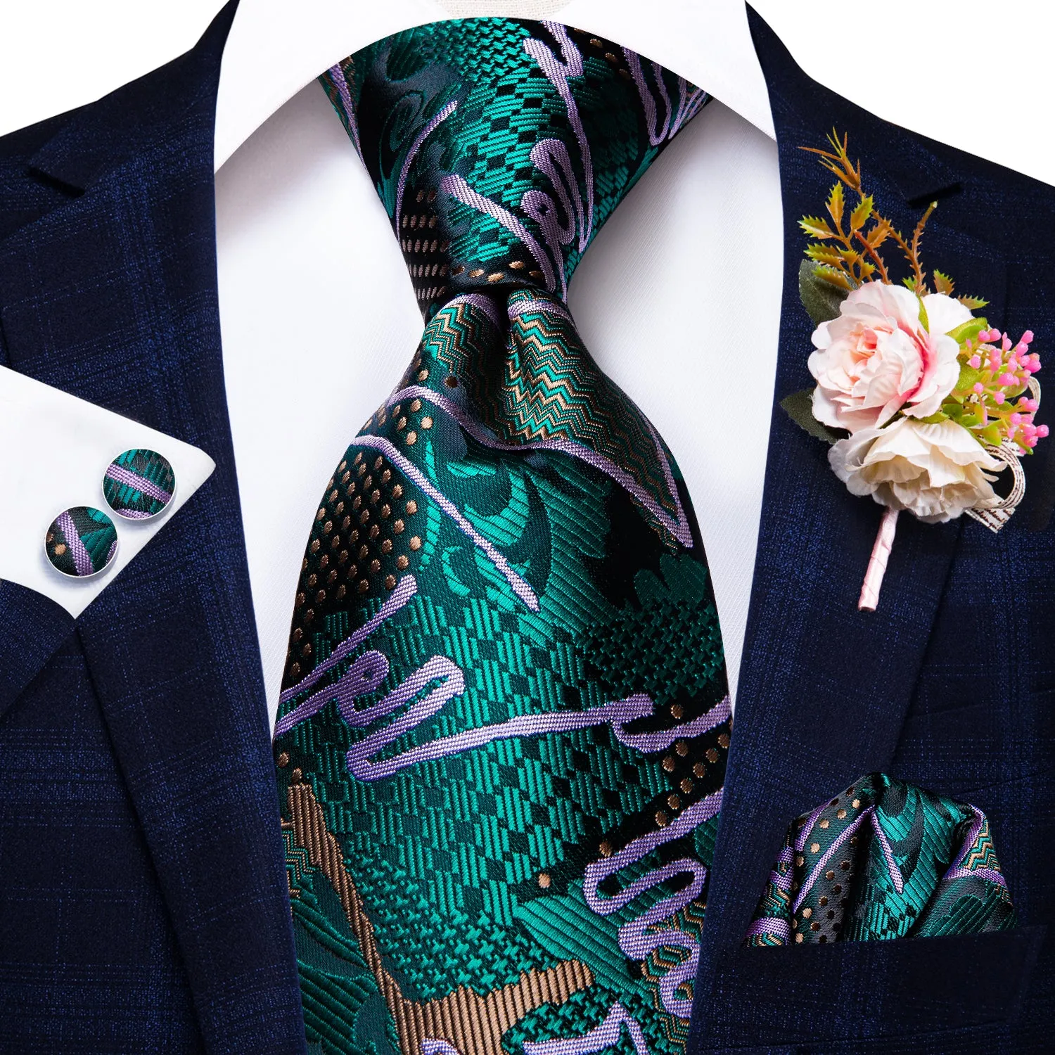 Hi-Tie Black Green Graffiti Necktie Brooch Handkerchief Cufflinks Set