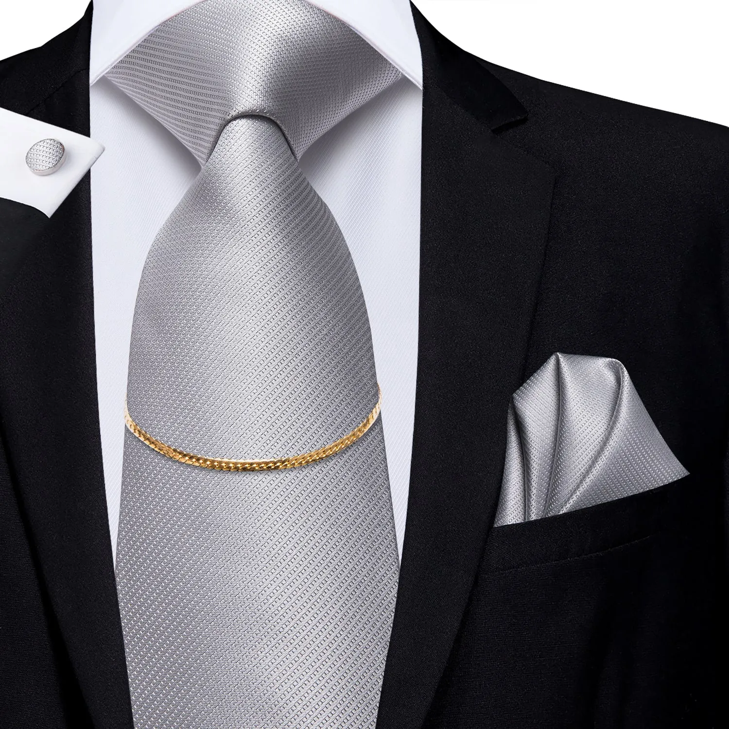 Hi-Tie Popular Grey Tie Pocket Square Cufflinks Set With Golden Chain