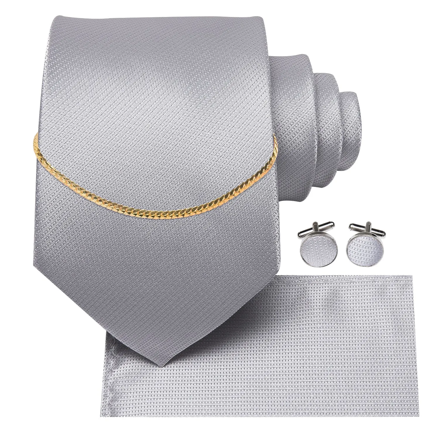 Hi-Tie Popular Grey Tie Pocket Square Cufflinks Set With Golden Chain