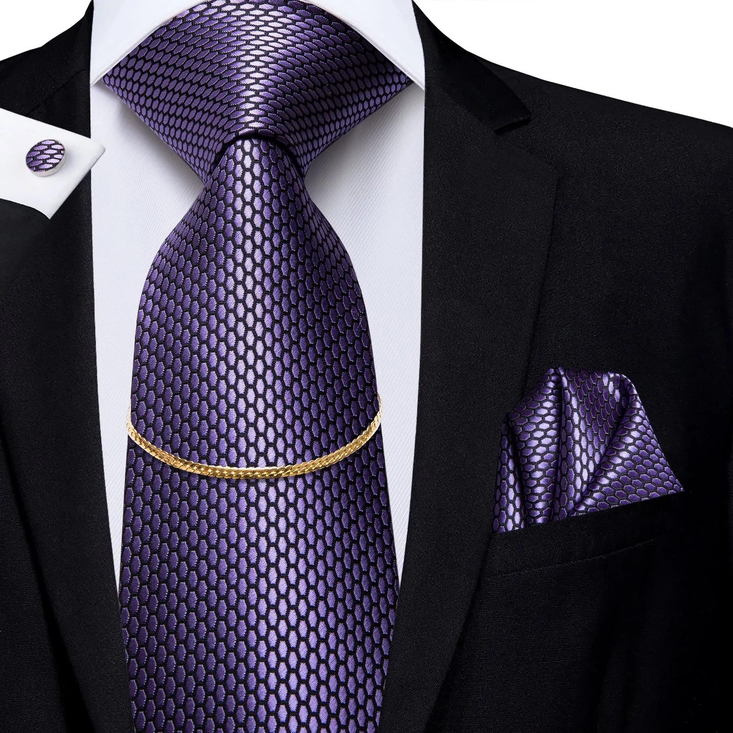 Hi-Tie Purple Geometric Solid Tie Hanky Cufflinks Set With Gold Chain