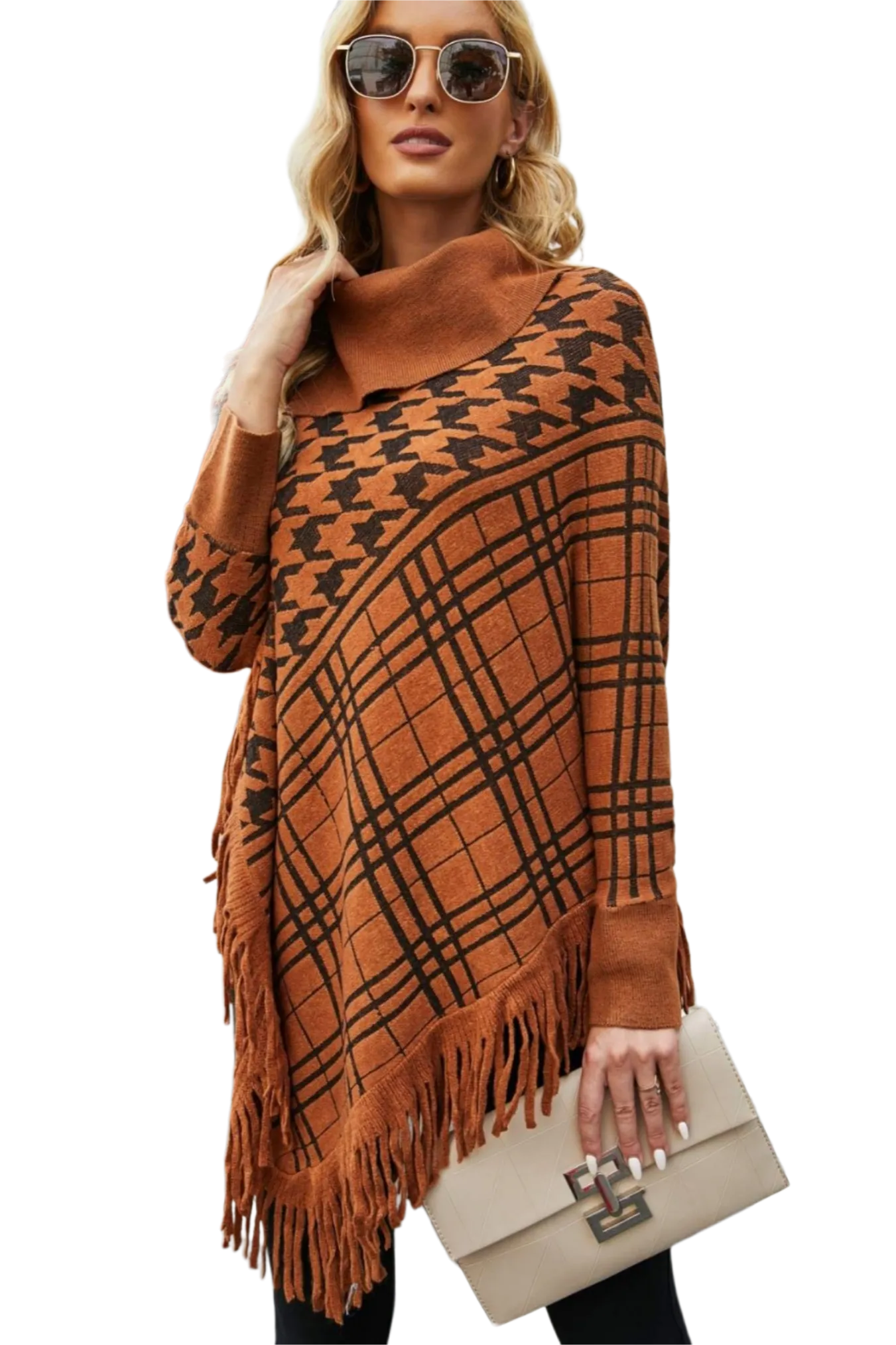 Houndstooth Turtleneck Fringe Hem Poncho