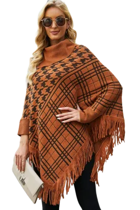 Houndstooth Turtleneck Fringe Hem Poncho