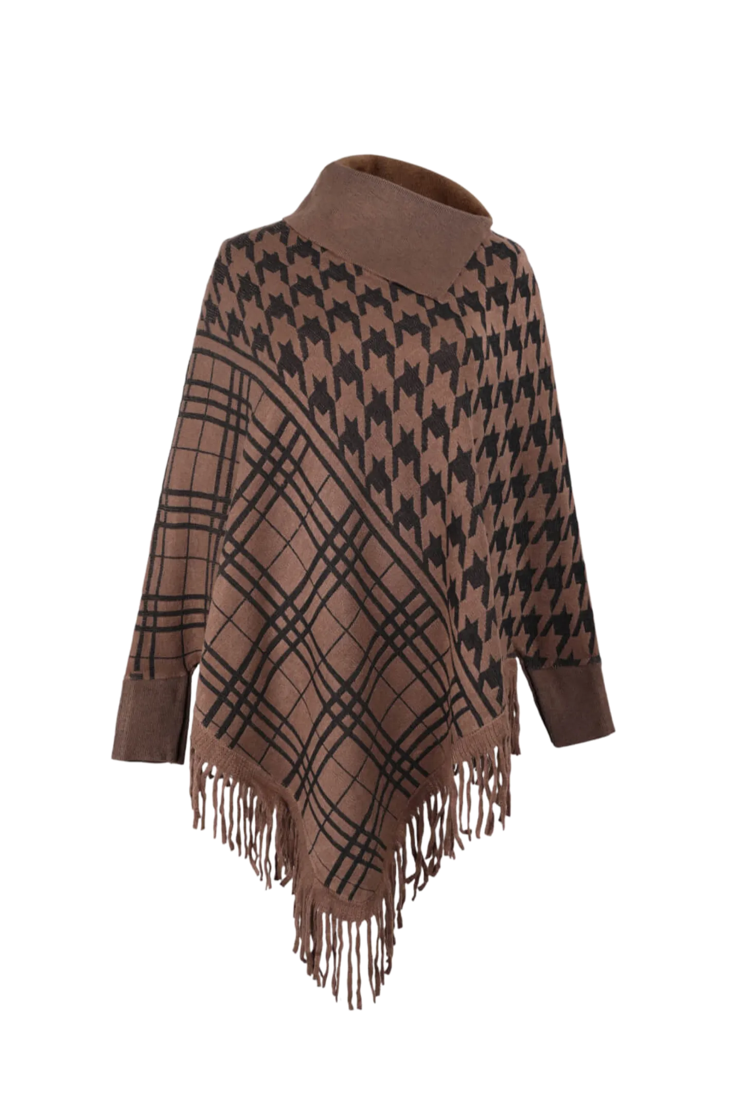 Houndstooth Turtleneck Fringe Hem Poncho