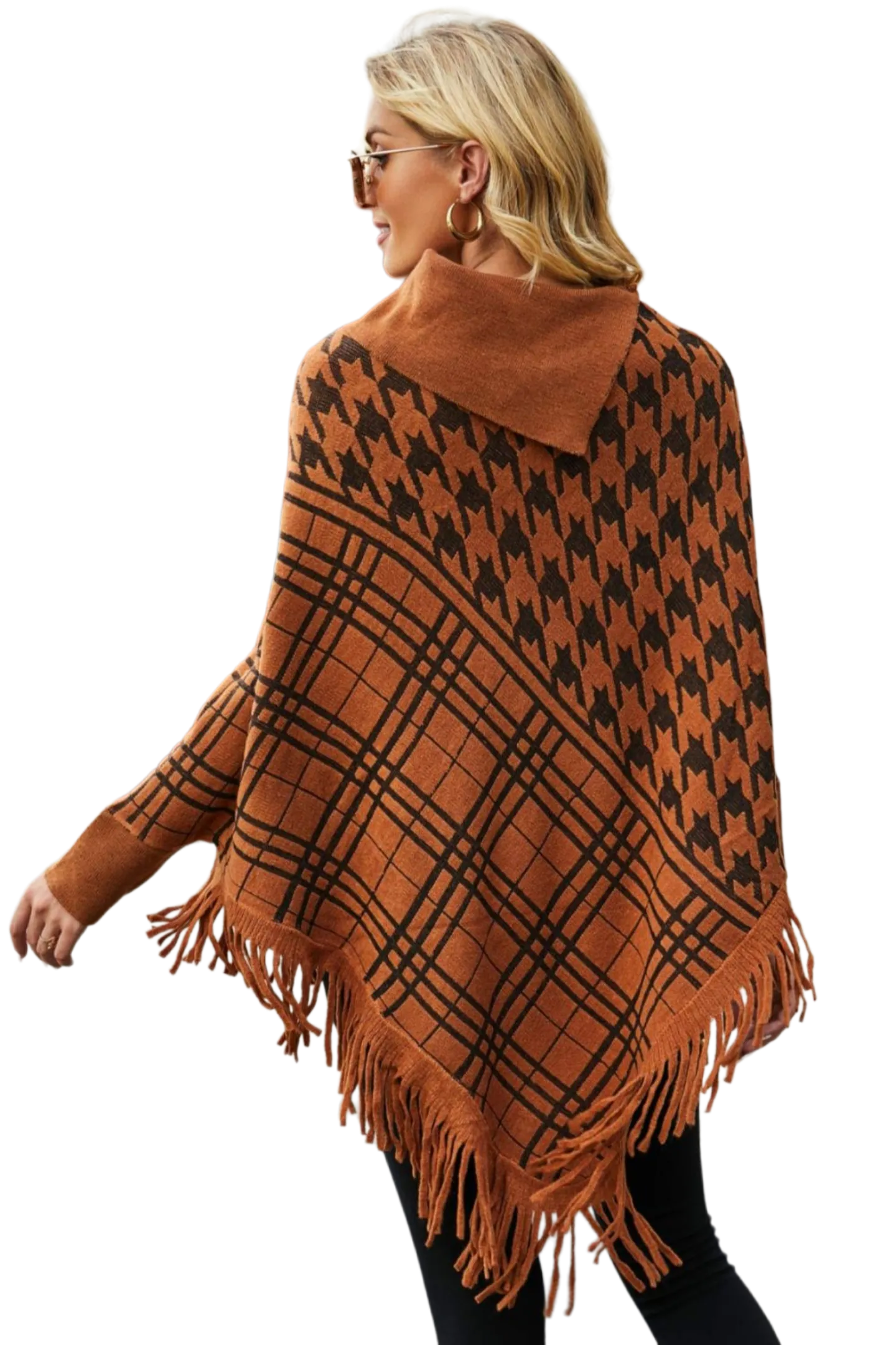 Houndstooth Turtleneck Fringe Hem Poncho